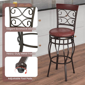 30" Vintage Metal Swivel Bar Stools Set of 2, Bar Height Dining Chairs with Back & Upholstered PU Leather Padded Seat for Pub, Kitchen Island