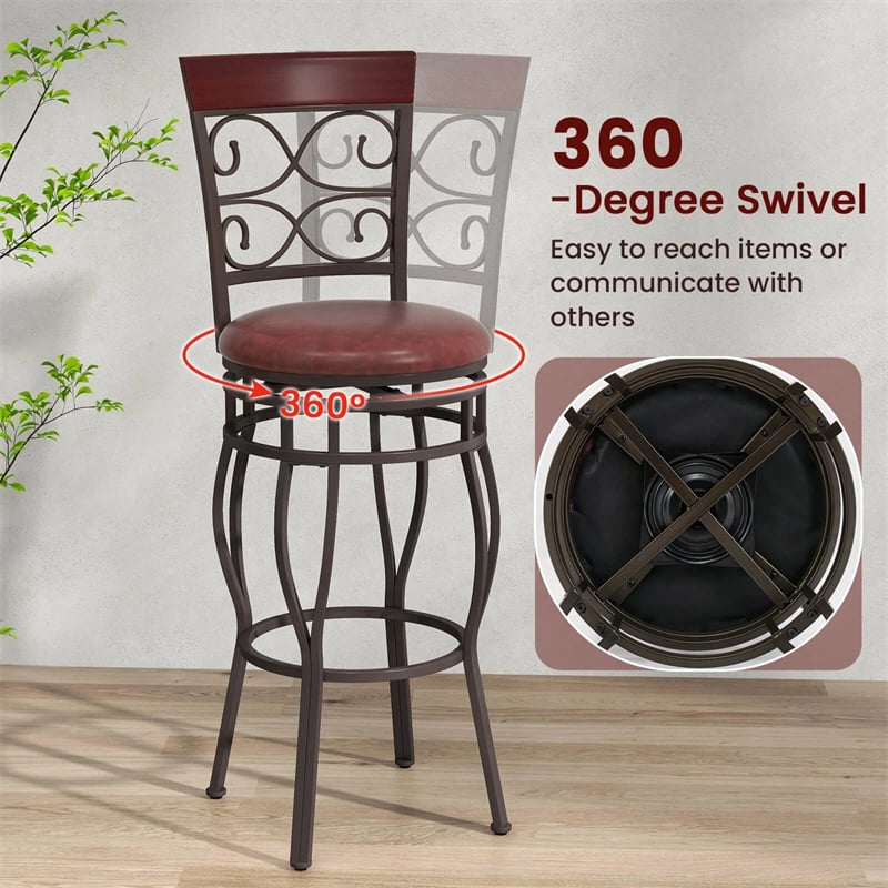 30" Vintage Metal Swivel Bar Stools Set of 2, Bar Height Dining Chairs with Back & Upholstered PU Leather Padded Seat for Pub, Kitchen Island