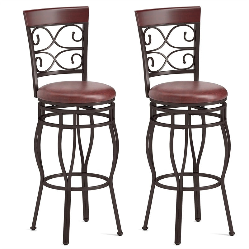 30" Vintage Metal Swivel Bar Stools Set of 2, Bar Height Dining Chairs with Back & Upholstered PU Leather Padded Seat for Pub, Kitchen Island