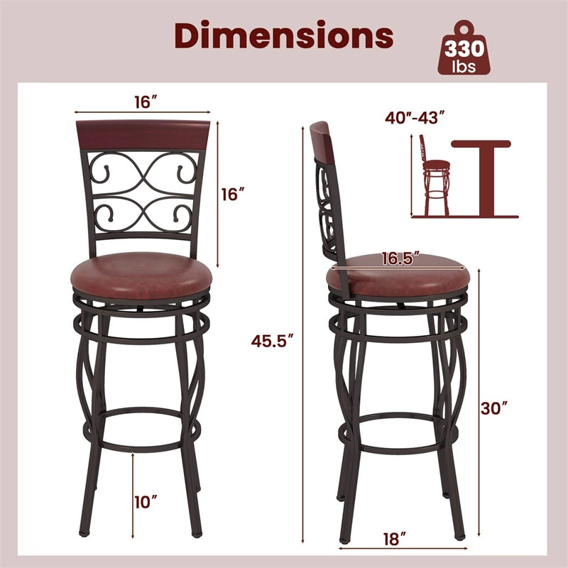 30" Vintage Metal Swivel Bar Stools Set of 2, Bar Height Dining Chairs with Back & Upholstered PU Leather Padded Seat for Pub, Kitchen Island