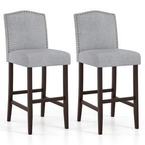 30" Linen Fabric Bar Stools Set of 2, Upholstered Bar Height Chairs with Back, Nailhead Trim & Rubber Wood Frame for Kitchen Island, Dining Room, Pub