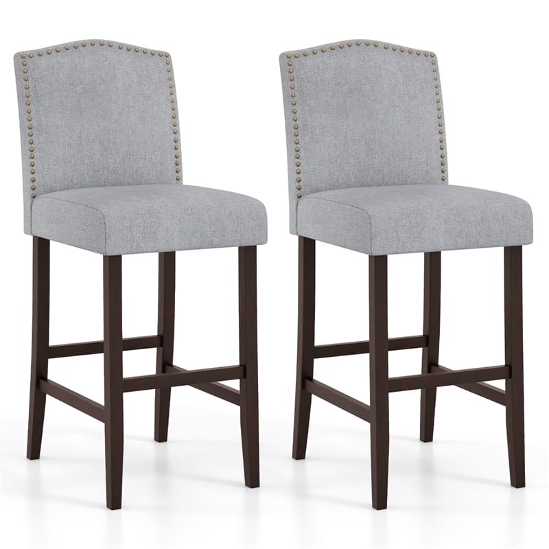 30" Linen Fabric Bar Stools Set of 2, Upholstered Bar Height Chairs with Back, Nailhead Trim & Rubber Wood Frame for Kitchen Island, Dining Room, Pub