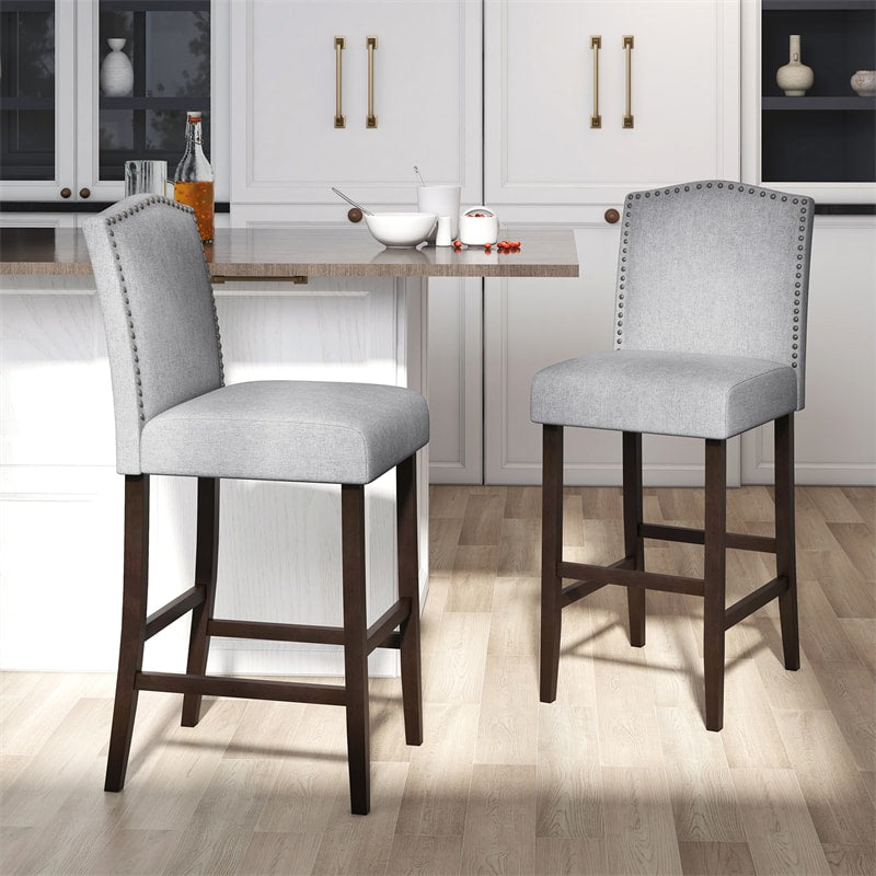 30" Linen Fabric Bar Stools Set of 2, Upholstered Bar Height Chairs with Back, Nailhead Trim & Rubber Wood Frame for Kitchen Island, Dining Room, Pub