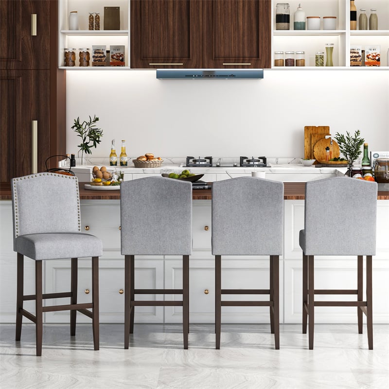 30" Linen Fabric Bar Stools Set of 2, Upholstered Bar Height Chairs with Back, Nailhead Trim & Rubber Wood Frame for Kitchen Island, Dining Room, Pub