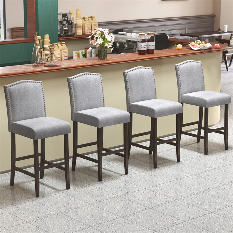 30" Linen Fabric Bar Stools Set of 2, Upholstered Bar Height Chairs with Back, Nailhead Trim & Rubber Wood Frame for Kitchen Island, Dining Room, Pub