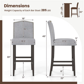 30" Linen Fabric Bar Stools Set of 2, Upholstered Bar Height Chairs with Back, Nailhead Trim & Rubber Wood Frame for Kitchen Island, Dining Room, Pub