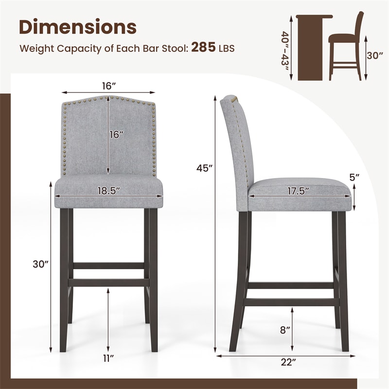 30" Linen Fabric Bar Stools Set of 2, Upholstered Bar Height Chairs with Back, Nailhead Trim & Rubber Wood Frame for Kitchen Island, Dining Room, Pub