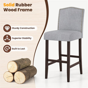 30" Linen Fabric Bar Stools Set of 2, Upholstered Bar Height Chairs with Back, Nailhead Trim & Rubber Wood Frame for Kitchen Island, Dining Room, Pub