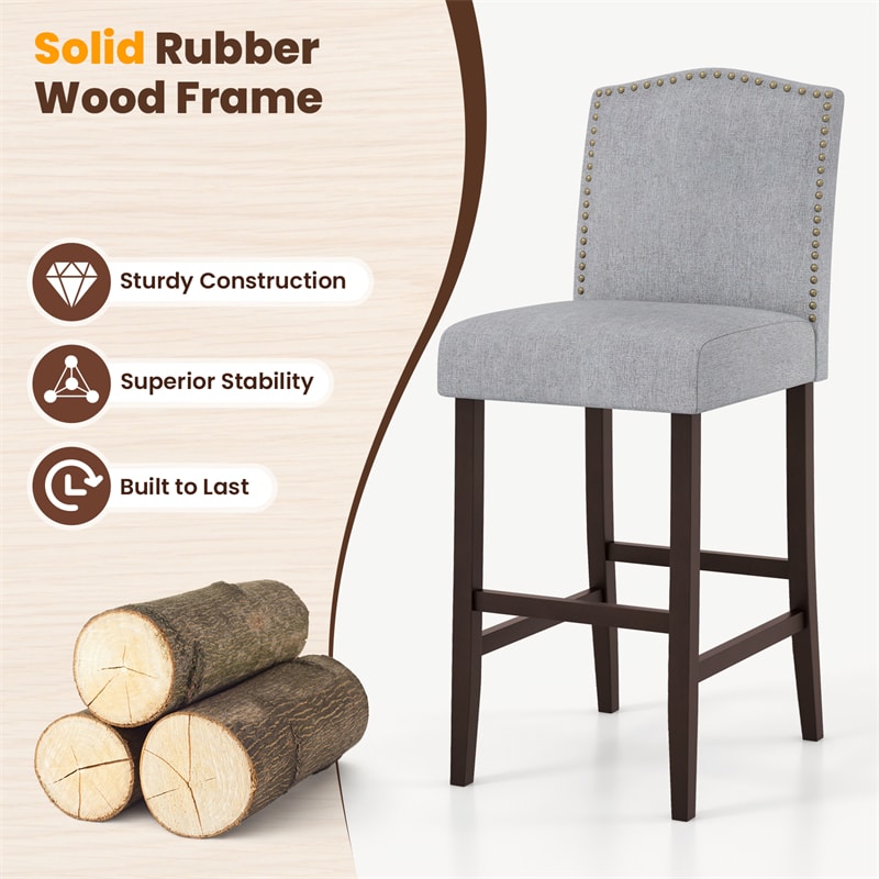 30" Linen Fabric Bar Stools Set of 2, Upholstered Bar Height Chairs with Back, Nailhead Trim & Rubber Wood Frame for Kitchen Island, Dining Room, Pub