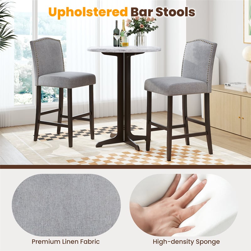 30" Linen Fabric Bar Stools Set of 2, Upholstered Bar Height Chairs with Back, Nailhead Trim & Rubber Wood Frame for Kitchen Island, Dining Room, Pub