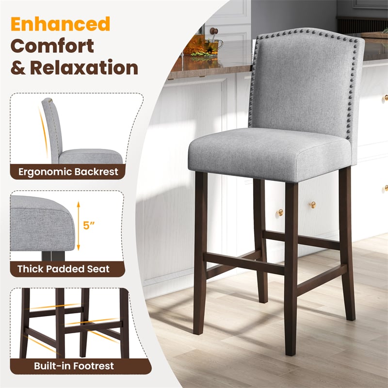 30" Linen Fabric Bar Stools Set of 2, Upholstered Bar Height Chairs with Back, Nailhead Trim & Rubber Wood Frame for Kitchen Island, Dining Room, Pub