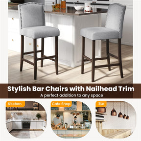 30" Linen Fabric Bar Stools Set of 2, Upholstered Bar Height Chairs with Back, Nailhead Trim & Rubber Wood Frame for Kitchen Island, Dining Room, Pub