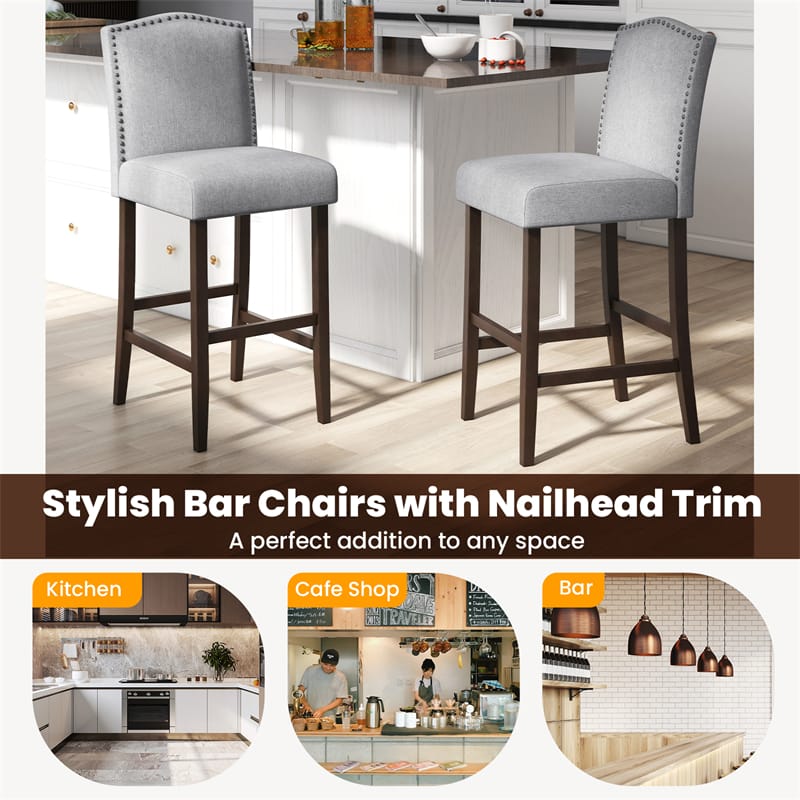 30" Linen Fabric Bar Stools Set of 2, Upholstered Bar Height Chairs with Back, Nailhead Trim & Rubber Wood Frame for Kitchen Island, Dining Room, Pub