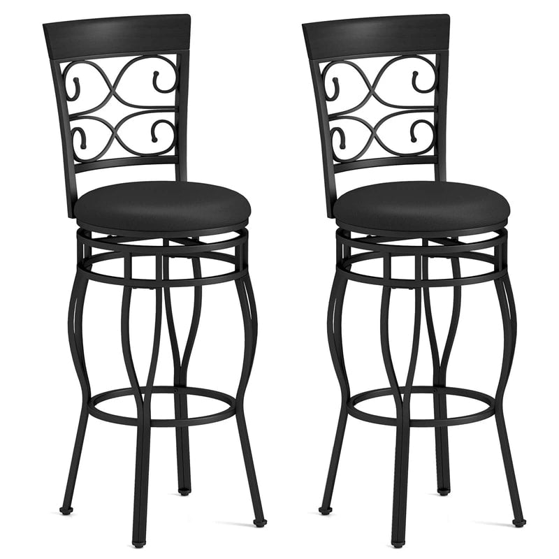 30" Swivel Metal Bar Stools Set of 2, Vintage Upholstered Bar Height Dining Chairs with Back & PU Leather Padded Seat for Pub, Kitchen Island