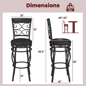 30" Swivel Metal Bar Stools Set of 2, Vintage Upholstered Bar Height Dining Chairs with Back & PU Leather Padded Seat for Pub, Kitchen Island