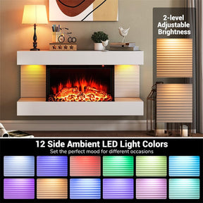 32"/50" Floating Fireplace Mantel with 18" 3-Sided Electric Fireplace, 1500W Wall Mount Heater with 12-Color Flame/LED Lights, Remote & Timer