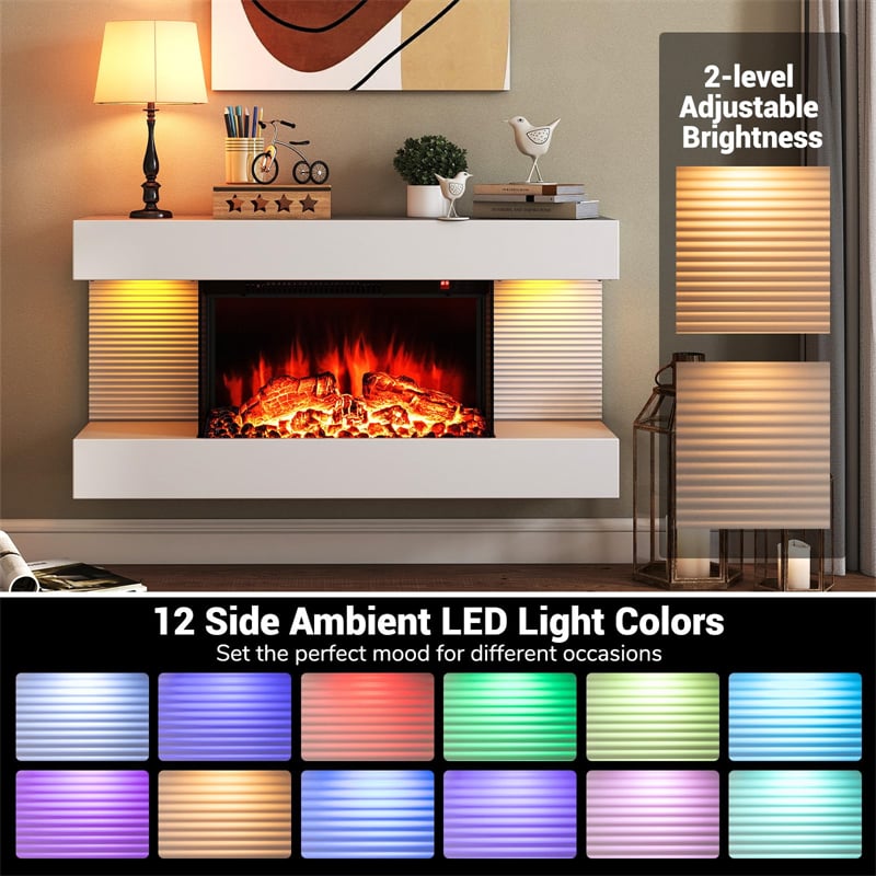 32"/50" Floating Fireplace Mantel with 18" 3-Sided Electric Fireplace, 1500W Wall Mount Heater with 12-Color Flame/LED Lights, Remote & Timer