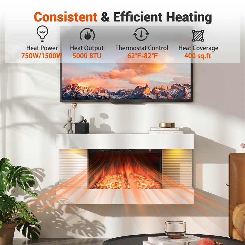 32"/50" Floating Fireplace Mantel with 18" 3-Sided Electric Fireplace, 1500W Wall Mount Heater with 12-Color Flame/LED Lights, Remote & Timer