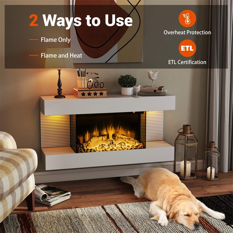 32"/50" Floating Fireplace Mantel with 18" 3-Sided Electric Fireplace, 1500W Wall Mount Heater with 12-Color Flame/LED Lights, Remote & Timer