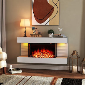 32"/50" Floating Fireplace Mantel with 18" 3-Sided Electric Fireplace, 1500W Wall Mount Heater with 12-Color Flame/LED Lights, Remote & Timer