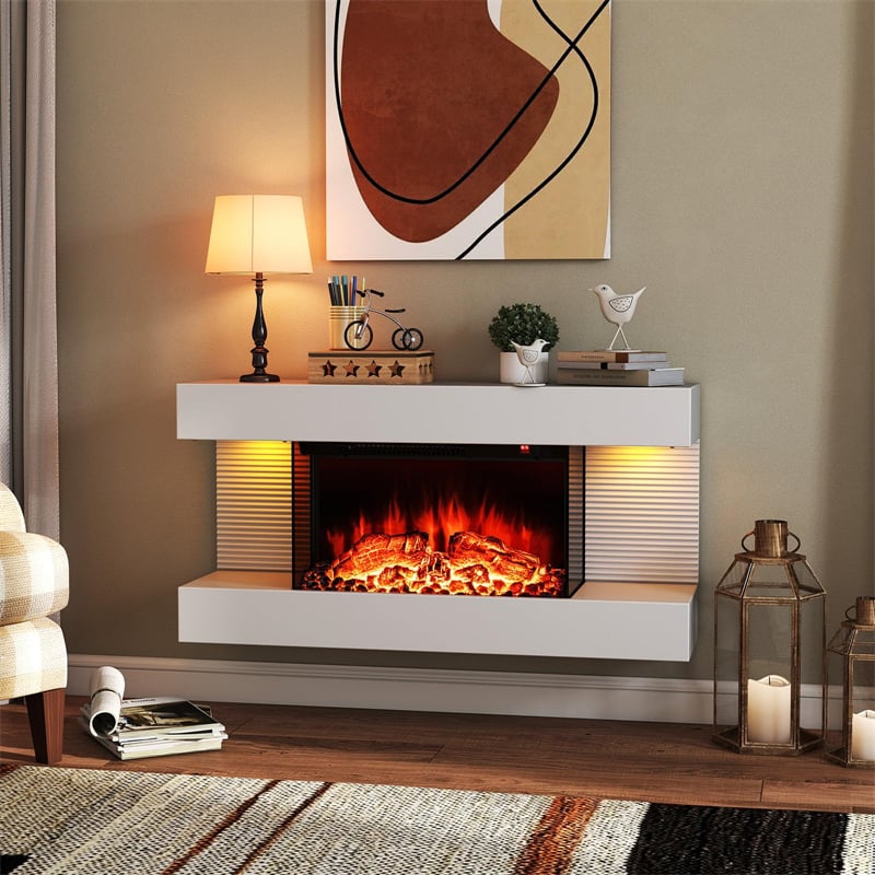 32"/50" Floating Fireplace Mantel with 18" 3-Sided Electric Fireplace, 1500W Wall Mount Heater with 12-Color Flame/LED Lights, Remote & Timer