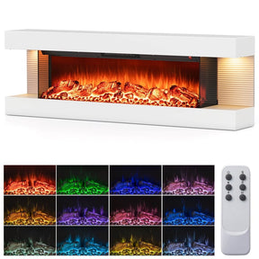 32"/50" Floating Fireplace Mantel with 18" 3-Sided Electric Fireplace, 1500W Wall Mount Heater with 12-Color Flame/LED Lights, Remote & Timer