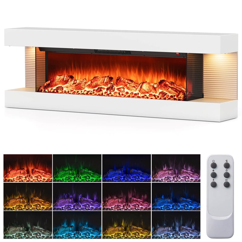 32"/50" Floating Fireplace Mantel with 18" 3-Sided Electric Fireplace, 1500W Wall Mount Heater with 12-Color Flame/LED Lights, Remote & Timer