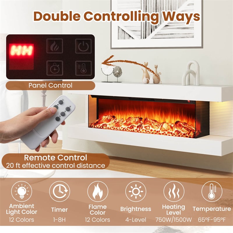 32"/50" Floating Fireplace Mantel with 18" 3-Sided Electric Fireplace, 1500W Wall Mount Heater with 12-Color Flame/LED Lights, Remote & Timer