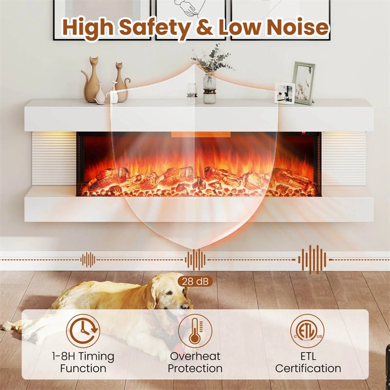 32"/50" Floating Fireplace Mantel with 18" 3-Sided Electric Fireplace, 1500W Wall Mount Heater with 12-Color Flame/LED Lights, Remote & Timer