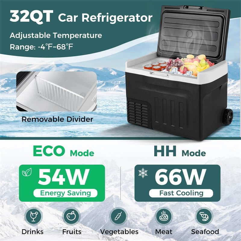 23/32/42QT Portable Car Refrigerator with -4°F~68°F Adjustable Range, 12V/24V DC 100-240V AC Electric Car Cooler Freezer for Camping, RV, Travel