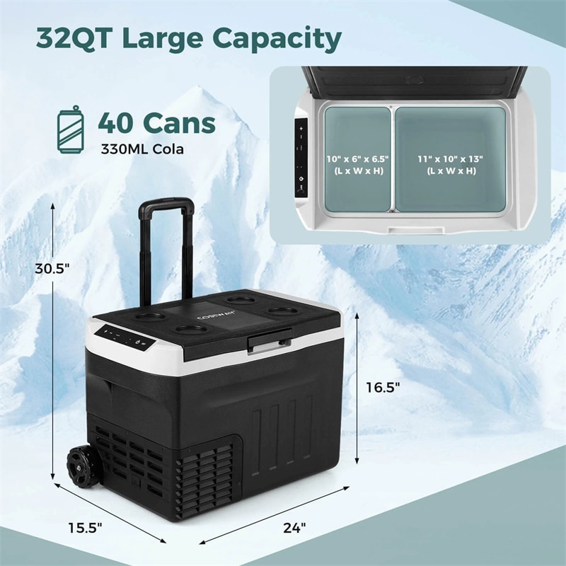 23/32/42QT Portable Car Refrigerator with -4°F~68°F Adjustable Range, 12V/24V DC 100-240V AC Electric Car Cooler Freezer for Camping, RV, Travel