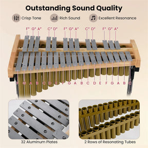 32 Note Marimba, Aluminum Xylophone Percussion Instrument w/Resonator Tubes, Rubber Wood Base, Adjustable Stand, Lockable Wheels, Mallets for Students
