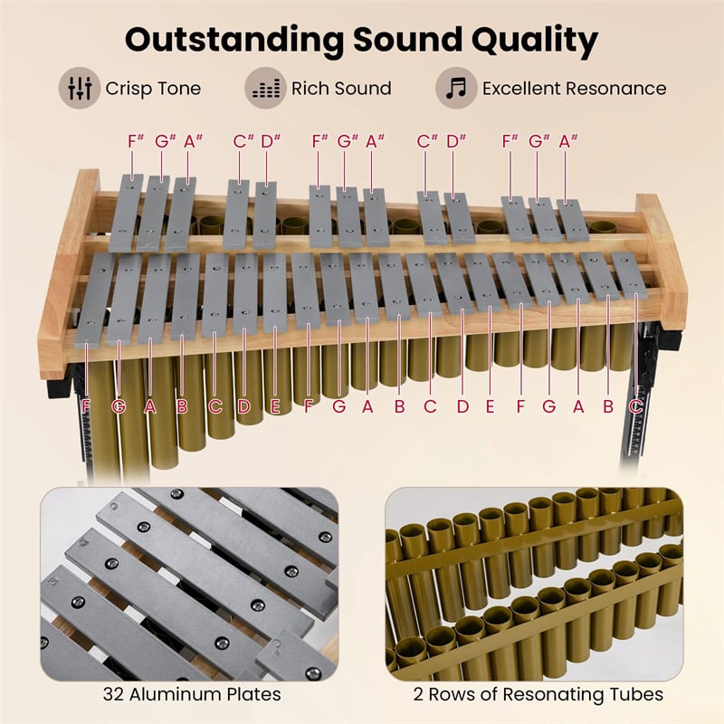 32 Note Marimba, Aluminum Xylophone Percussion Instrument w/Resonator Tubes, Rubber Wood Base, Adjustable Stand, Lockable Wheels, Mallets for Students