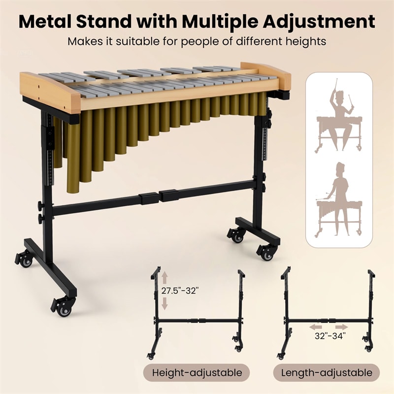 32 Note Marimba, Aluminum Xylophone Percussion Instrument w/Resonator Tubes, Rubber Wood Base, Adjustable Stand, Lockable Wheels, Mallets for Students