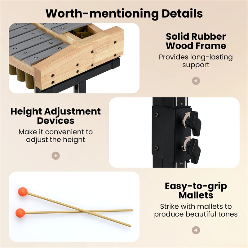 32 Note Marimba, Aluminum Xylophone Percussion Instrument w/Resonator Tubes, Rubber Wood Base, Adjustable Stand, Lockable Wheels, Mallets for Students