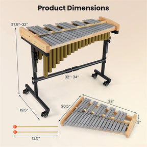 32 Note Marimba, Aluminum Xylophone Percussion Instrument w/Resonator Tubes, Rubber Wood Base, Adjustable Stand, Lockable Wheels, Mallets for Students