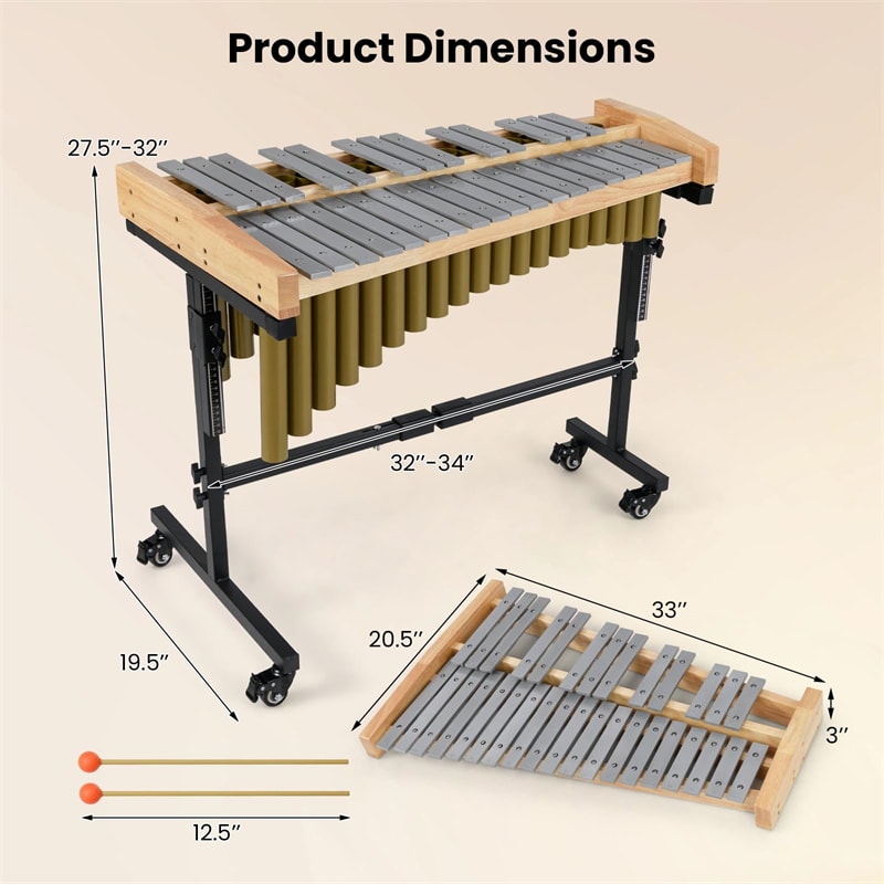 32 Note Marimba, Aluminum Xylophone Percussion Instrument w/Resonator Tubes, Rubber Wood Base, Adjustable Stand, Lockable Wheels, Mallets for Students