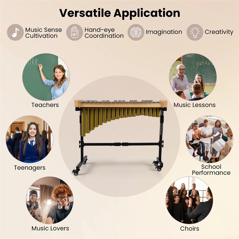 32 Note Marimba, Aluminum Xylophone Percussion Instrument w/Resonator Tubes, Rubber Wood Base, Adjustable Stand, Lockable Wheels, Mallets for Students