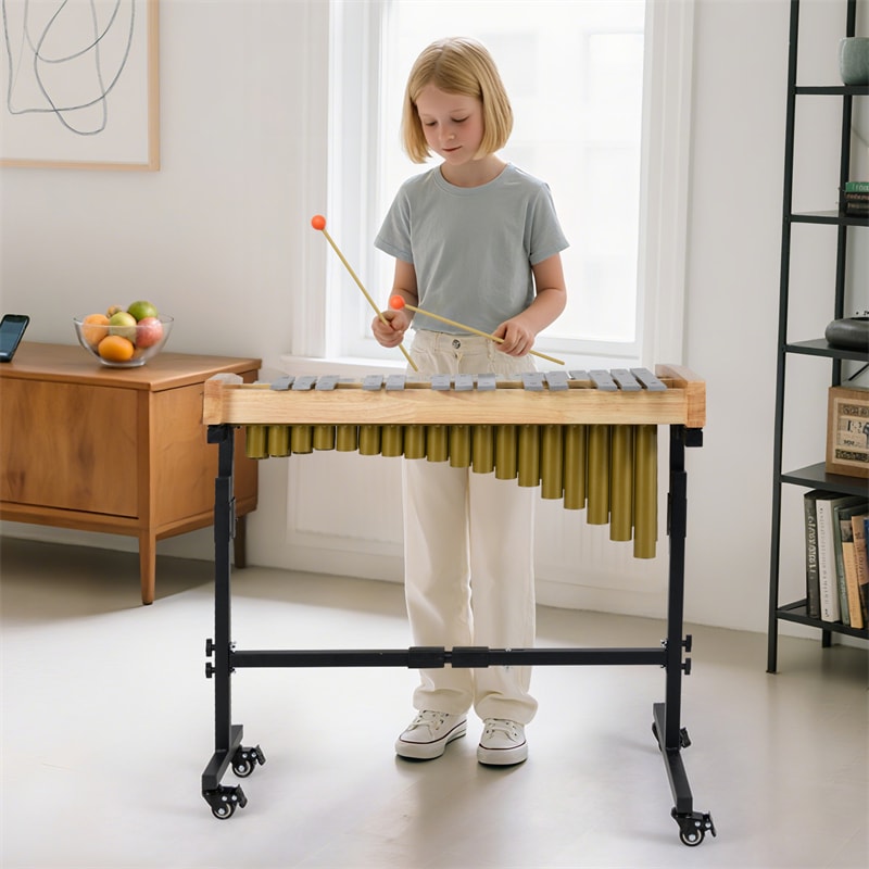 32 Note Marimba, Aluminum Xylophone Percussion Instrument w/Resonator Tubes, Rubber Wood Base, Adjustable Stand, Lockable Wheels, Mallets for Students