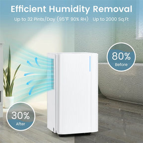 32 Pint Dehumidifier with 3.3FT Drain Hose, 24H Timer & 3-Color Indicator, 2000 Sq.Ft Portable Dehumidifier for Basement, Bedroom, Bathroom