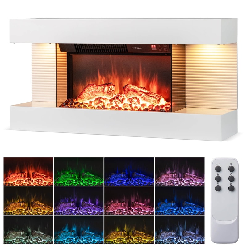 32"/50" Floating Fireplace Mantel with 18" 3-Sided Electric Fireplace, 1500W Wall Mount Heater with 12-Color Flame/LED Lights, Remote & Timer