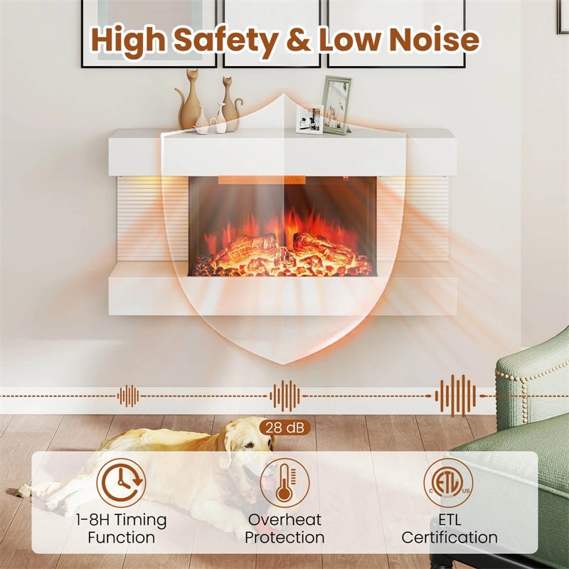 32"/50" Floating Fireplace Mantel with 18" 3-Sided Electric Fireplace, 1500W Wall Mount Heater with 12-Color Flame/LED Lights, Remote & Timer