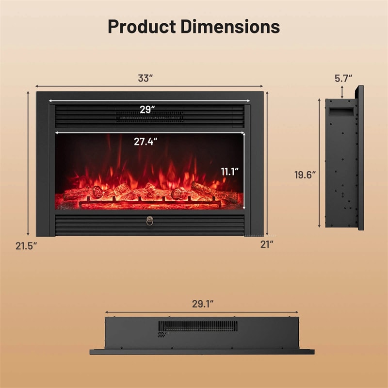 28.5/33/36 Inch Recessed Electric Fireplace Insert, 1500W Wall Mounted Freestanding Fireplace Heater with 3 Color Flame & Remote Control