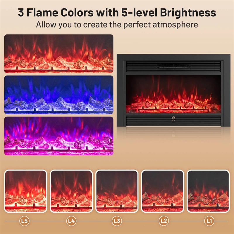 28.5/33/36 Inch Recessed Electric Fireplace Insert, 1500W Wall Mounted Freestanding Fireplace Heater with 3 Color Flame & Remote Control