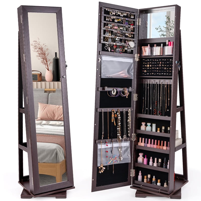 360° Rotating Jewelry Armoire with Higher Full Length Mirror, 3-in-1 Freestanding Lockable Jewelry Cabinet Organizer