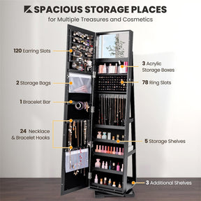 360° Rotating Jewelry Armoire with Higher Full Length Mirror, 3-in-1 Freestanding Lockable Jewelry Cabinet Organizer