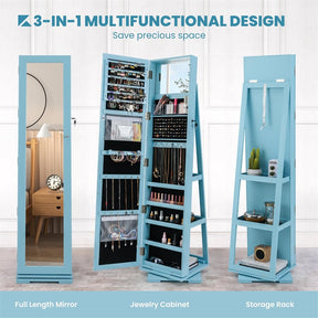 360° Rotating Jewelry Armoire with Higher Full Length Mirror, 3-in-1 Freestanding Lockable Jewelry Cabinet Organizer