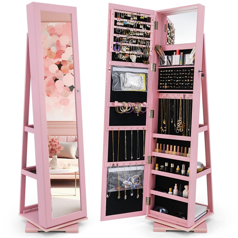 360° Rotating Jewelry Armoire with Higher Full Length Mirror, 3-in-1 Freestanding Lockable Jewelry Cabinet Organizer