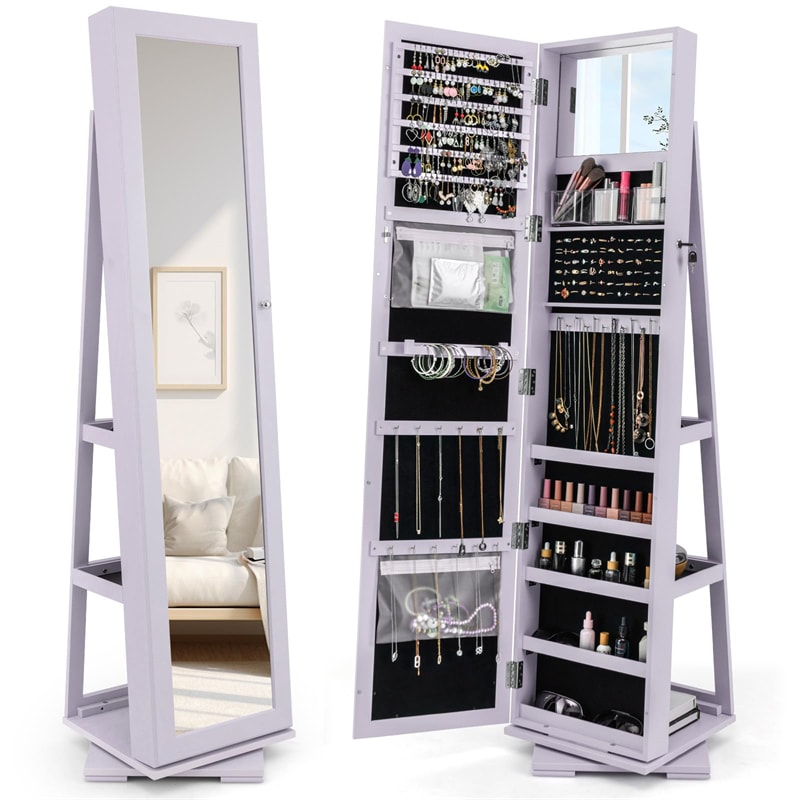 360° Rotating Jewelry Armoire with Higher Full Length Mirror, 3-in-1 Freestanding Lockable Jewelry Cabinet Organizer