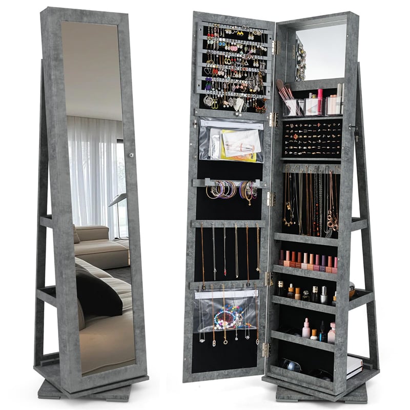 360° Rotating Jewelry Armoire with Higher Full Length Mirror, 3-in-1 Freestanding Lockable Jewelry Cabinet Organizer